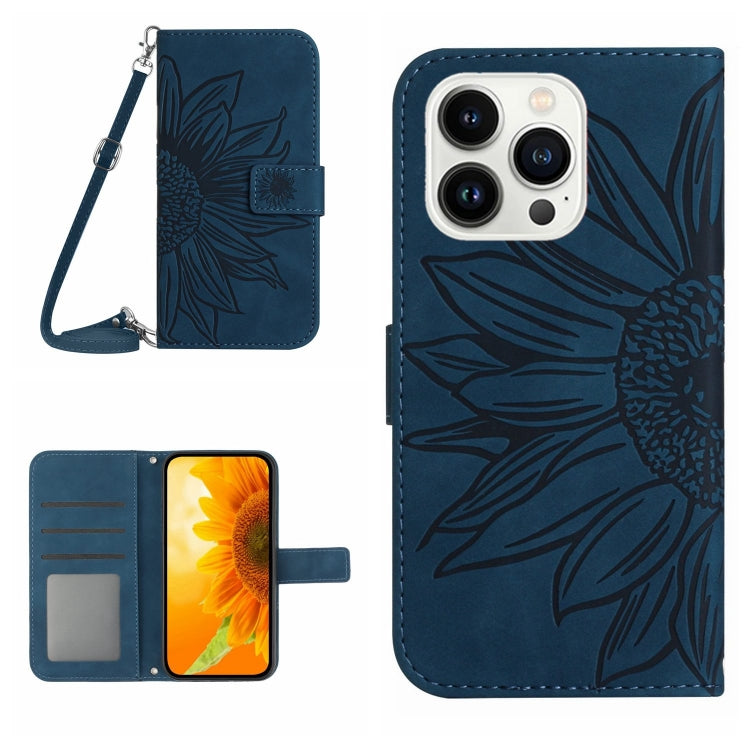 غطاء هاتف من الجلد المنقوش بنمط زهرة الشمس مع حزام معصم، لهواتف iPhone Air، iPhone 16 Pro Max، iPhone 16 Pro، iPhone 16 Plus