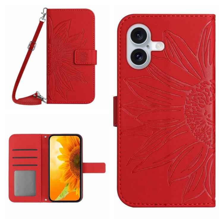 غطاء هاتف من الجلد المنقوش بنمط زهرة الشمس مع حزام معصم، لهواتف iPhone Air، iPhone 16 Pro Max، iPhone 16 Pro، iPhone 16 Plus