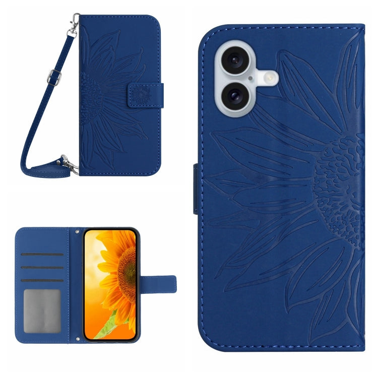 غطاء هاتف من الجلد المنقوش بنمط زهرة الشمس مع حزام معصم، لهواتف iPhone Air، iPhone 16 Pro Max، iPhone 16 Pro، iPhone 16 Plus