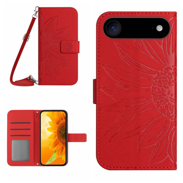 غطاء هاتف من الجلد المنقوش بنمط زهرة الشمس مع حزام معصم، لهواتف iPhone Air، iPhone 16 Pro Max، iPhone 16 Pro، iPhone 16 Plus