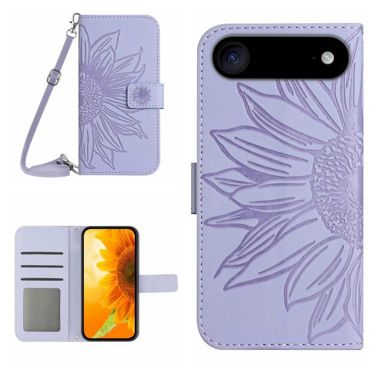 غطاء هاتف من الجلد المنقوش بنمط زهرة الشمس مع حزام معصم، لهواتف iPhone Air، iPhone 16 Pro Max، iPhone 16 Pro، iPhone 16 Plus