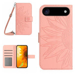 غطاء هاتف من الجلد المنقوش بنمط زهرة الشمس مع حزام معصم، لهواتف iPhone Air، iPhone 16 Pro Max، iPhone 16 Pro، iPhone 16 Plus