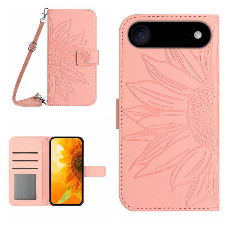 غطاء هاتف من الجلد المنقوش بنمط زهرة الشمس مع حزام معصم، لهواتف iPhone Air، iPhone 16 Pro Max، iPhone 16 Pro، iPhone 16 Plus