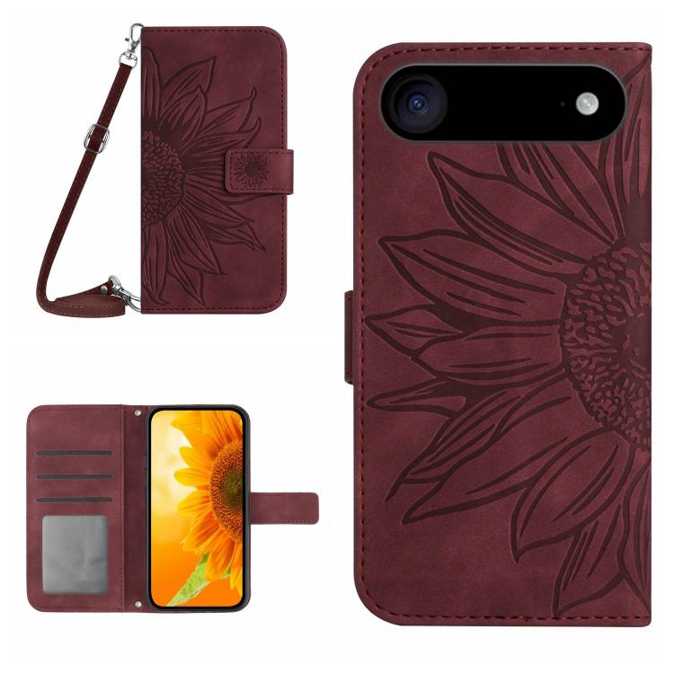 غطاء هاتف من الجلد المنقوش بنمط زهرة الشمس مع حزام معصم، لهواتف iPhone Air، iPhone 16 Pro Max، iPhone 16 Pro، iPhone 16 Plus