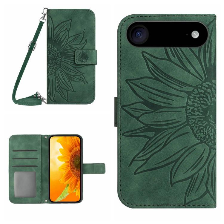 غطاء هاتف من الجلد المنقوش بنمط زهرة الشمس مع حزام معصم، لهواتف iPhone Air، iPhone 16 Pro Max، iPhone 16 Pro، iPhone 16 Plus