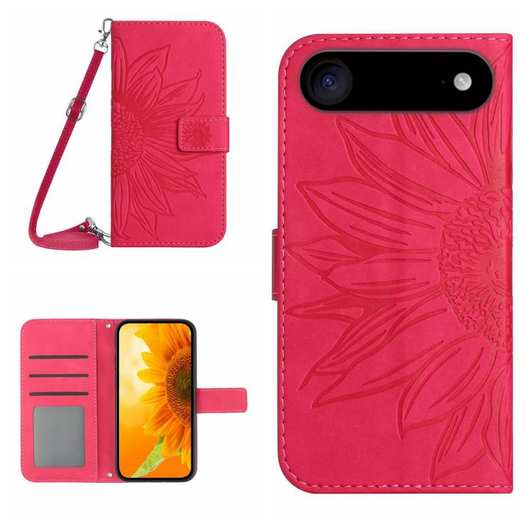 غطاء هاتف من الجلد المنقوش بنمط زهرة الشمس مع حزام معصم، لهواتف iPhone Air، iPhone 16 Pro Max، iPhone 16 Pro، iPhone 16 Plus