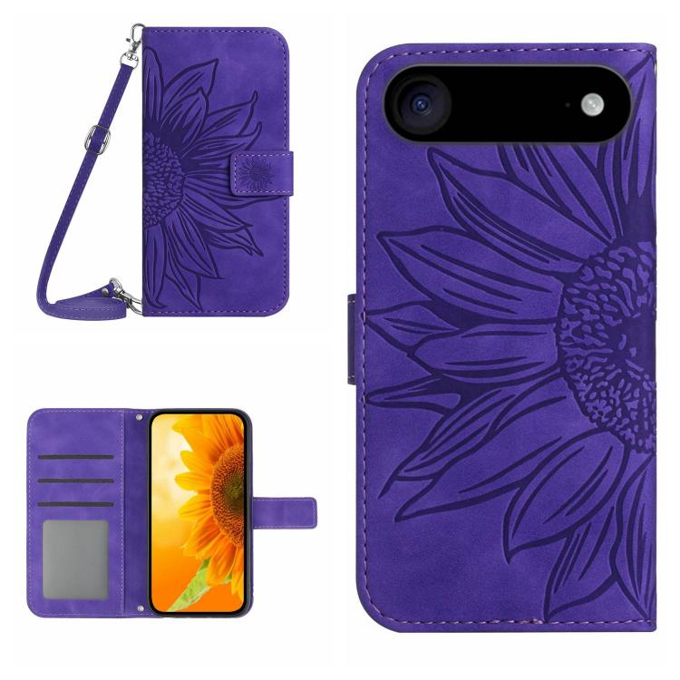 غطاء هاتف من الجلد المنقوش بنمط زهرة الشمس مع حزام معصم، لهواتف iPhone Air، iPhone 16 Pro Max، iPhone 16 Pro، iPhone 16 Plus