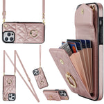 غطاء هاتف بحقيبة بطاقات بنقشة ماسية مع حبل طويل، لهواتف iPhone 15 Pro، iPhone 15 Plus، iPhone 15، iPhone 14 Plus، iPhone 14، iPhone 14 Pro