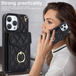غطاء هاتف بحقيبة بطاقات بنقشة ماسية مع حبل طويل، لهواتف iPhone 14 Pro Max، iPhone 13 Pro Max، iPhone 13 Pro، iPhone 13، iPhone 12 / 12 Pro، iPhone 12 Pro Max