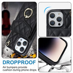 غطاء هاتف بحقيبة بطاقات بنقشة ماسية مع حبل طويل، لهواتف iPhone 14 Pro Max، iPhone 13 Pro Max، iPhone 13 Pro، iPhone 13، iPhone 12 / 12 Pro، iPhone 12 Pro Max