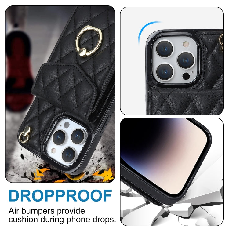 غطاء هاتف بحقيبة بطاقات بنقشة ماسية مع حبل طويل، لهواتف iPhone 14 Pro Max، iPhone 13 Pro Max، iPhone 13 Pro، iPhone 13، iPhone 12 / 12 Pro، iPhone 12 Pro Max