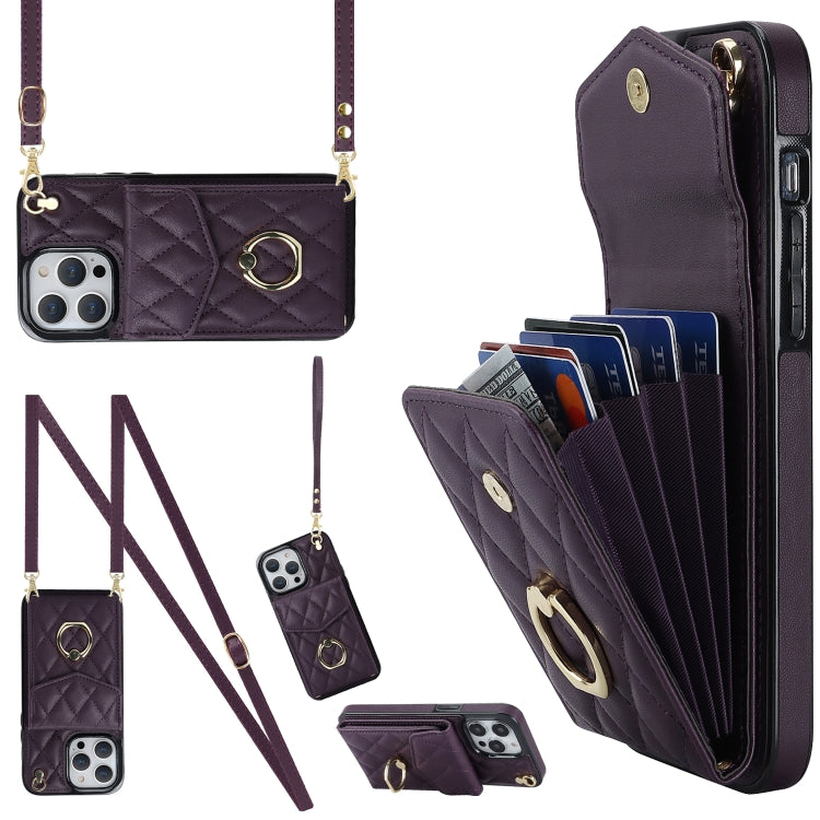 غطاء هاتف بحقيبة بطاقات بنقشة ماسية مع حبل طويل، لهواتف iPhone 14 Pro Max، iPhone 13 Pro Max، iPhone 13 Pro، iPhone 13، iPhone 12 / 12 Pro، iPhone 12 Pro Max