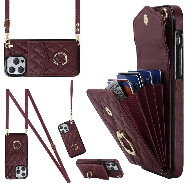 غطاء هاتف بحقيبة بطاقات بنقشة ماسية مع حبل طويل، لهواتف iPhone 14 Pro Max، iPhone 13 Pro Max، iPhone 13 Pro، iPhone 13، iPhone 12 / 12 Pro، iPhone 12 Pro Max