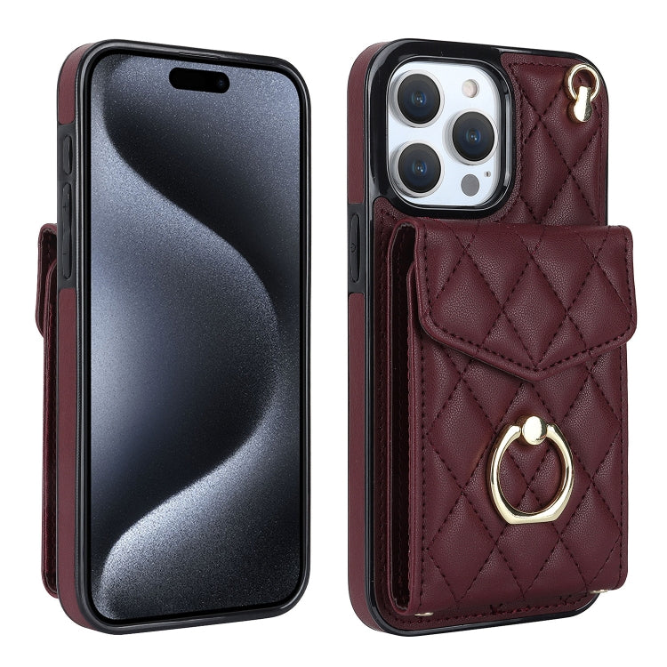 غطاء هاتف بحقيبة بطاقات بنقشة ماسية مع حبل طويل، لهواتف iPhone 15 Pro، iPhone 15 Plus، iPhone 15، iPhone 14 Plus، iPhone 14، iPhone 14 Pro