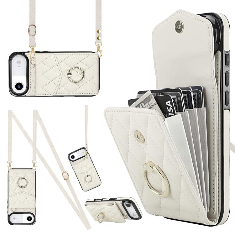 غطاء هاتف بحقيبة بطاقات بنقشة ماسية مع حبل طويل، لهواتف iPhone 17e / 16e، iPhone 17 Pro Max، iPhone 17 Pro، iPhone 17، iPhone Air، iPhone 15 Pro Max