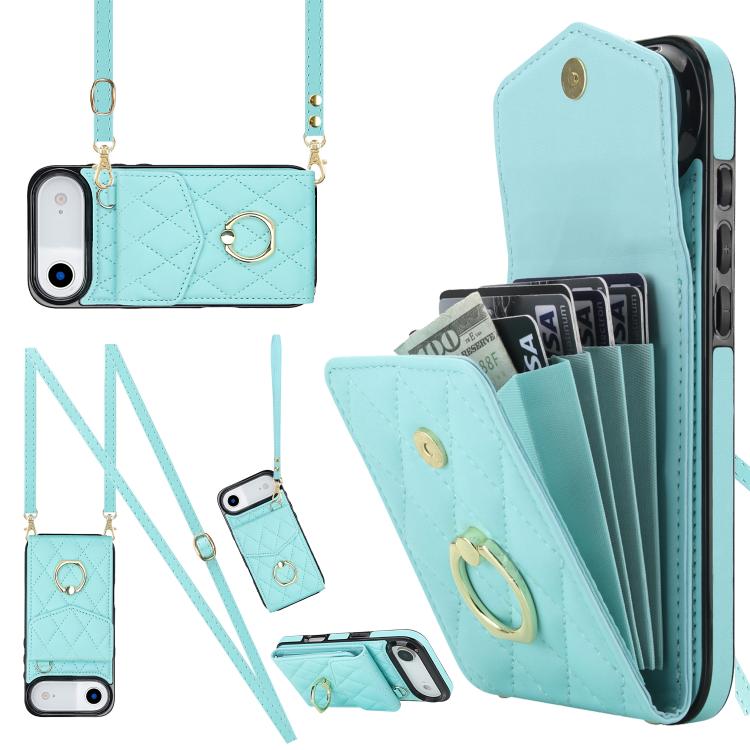 غطاء هاتف بحقيبة بطاقات بنقشة ماسية مع حبل طويل، لهواتف iPhone 17e / 16e، iPhone 17 Pro Max، iPhone 17 Pro، iPhone 17، iPhone Air، iPhone 15 Pro Max