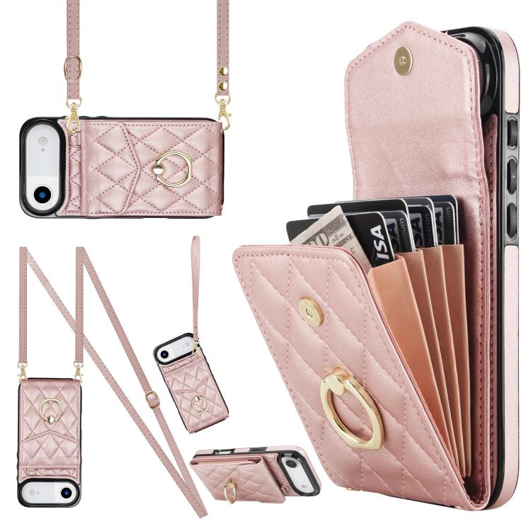 غطاء هاتف بحقيبة بطاقات بنقشة ماسية مع حبل طويل، لهواتف iPhone 17e / 16e، iPhone 17 Pro Max، iPhone 17 Pro، iPhone 17، iPhone Air، iPhone 15 Pro Max