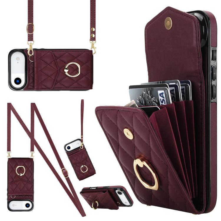 غطاء هاتف بحقيبة بطاقات بنقشة ماسية مع حبل طويل، لهواتف iPhone 17e / 16e، iPhone 17 Pro Max، iPhone 17 Pro، iPhone 17، iPhone Air، iPhone 15 Pro Max