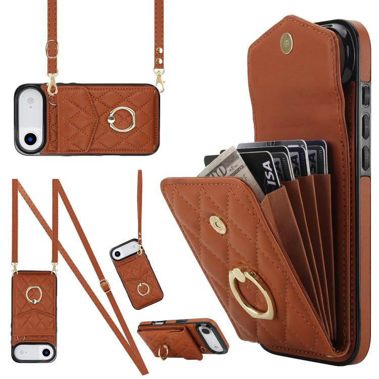 غطاء هاتف بحقيبة بطاقات بنقشة ماسية مع حبل طويل، لهواتف iPhone 17e / 16e، iPhone 17 Pro Max، iPhone 17 Pro، iPhone 17، iPhone Air، iPhone 15 Pro Max
