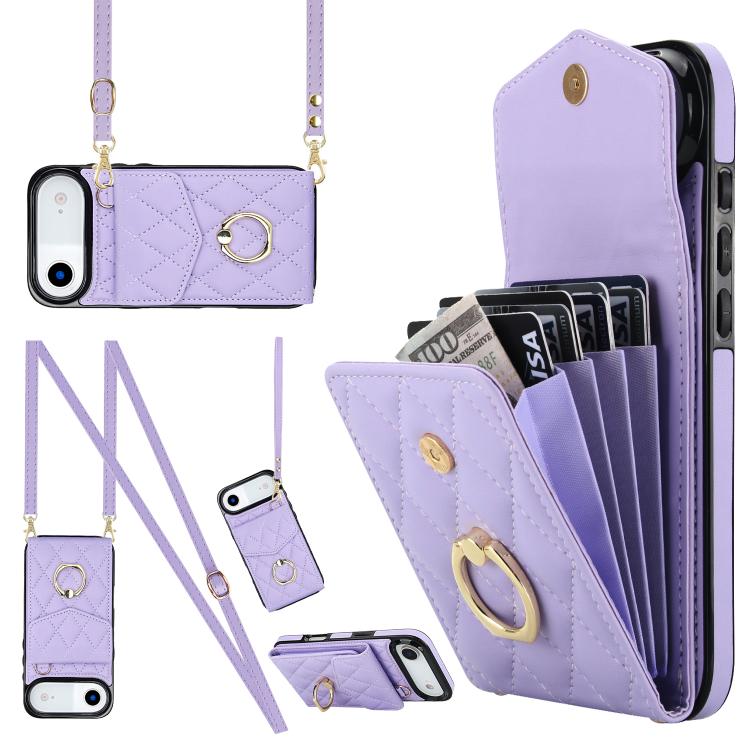غطاء هاتف بحقيبة بطاقات بنقشة ماسية مع حبل طويل، لهواتف iPhone 17e / 16e، iPhone 17 Pro Max، iPhone 17 Pro، iPhone 17، iPhone Air، iPhone 15 Pro Max