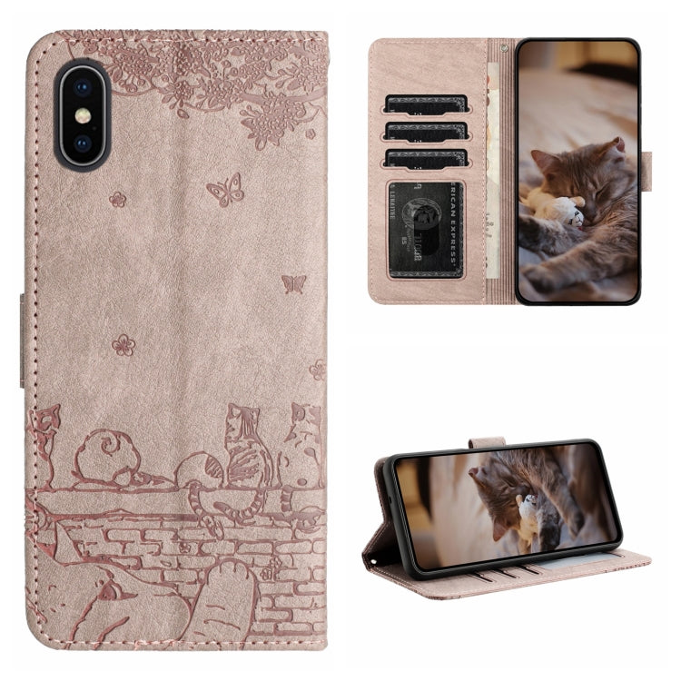 غطاء هاتف من الجلد بنقش قطة مع حبل معصم، لهواتف iPhone 11 Pro، وiPhone XS Max، وiPhone X، وiPhone 7 Plus / 8 Plus