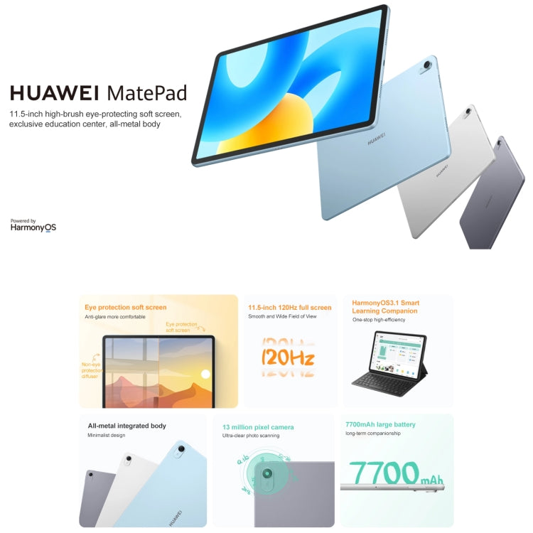 هواوي MatePad 11.5 بوصة 2023 واي فاي، HarmonyOS 3.1 كوالكوم سنابدراجون 7 الجيل 1 ثماني النواة، لا يدعم Google Play، 8GB+128GB، 8GB+256GB، 8GB+128GB شاشة منتشرة، 8GB+256GB شاشة منتشرة