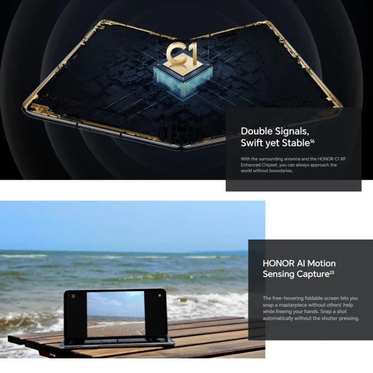 Honor Magic V2 Ultimate 5G، شاشة 7.92 بوصة + 6.43 بوصة MagicOS 7.2 معالج Snapdragon 8 Gen2 ثماني النواة حتى 3.36 جيجاهرتز، الشبكة: 5G، OTG، لا يدعم Google Play، 16 جيجابايت + 1 تيرابايت