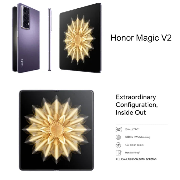 Honor Magic V2 Ultimate 5G، شاشة 7.92 بوصة + 6.43 بوصة MagicOS 7.2 معالج Snapdragon 8 Gen2 ثماني النواة حتى 3.36 جيجاهرتز، الشبكة: 5G، OTG، لا يدعم Google Play، 16 جيجابايت + 1 تيرابايت