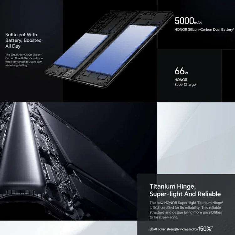 Honor Magic V2 Ultimate 5G، شاشة 7.92 بوصة + 6.43 بوصة MagicOS 7.2 معالج Snapdragon 8 Gen2 ثماني النواة حتى 3.36 جيجاهرتز، الشبكة: 5G، OTG، لا يدعم Google Play، 16 جيجابايت + 1 تيرابايت