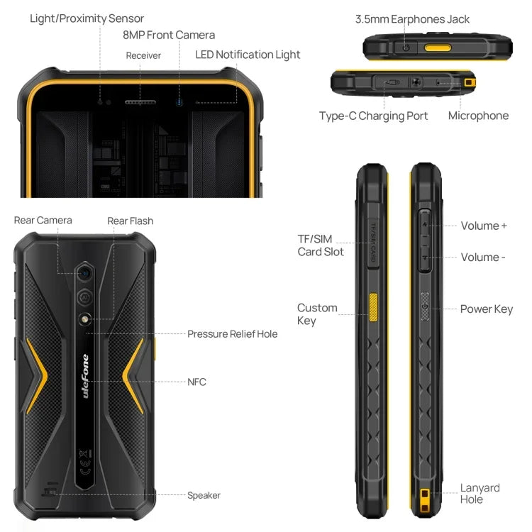Ulefone Armor X12 Pro، هاتف مقاوم بمعيار IP68/IP69K، شاشة 5.45 بوصة أندرويد 15 معالج MediaTek Helio G36 ثماني النواة، الشبكة: 4G، NFC، 4 جيجابايت + 64 جيجابايت