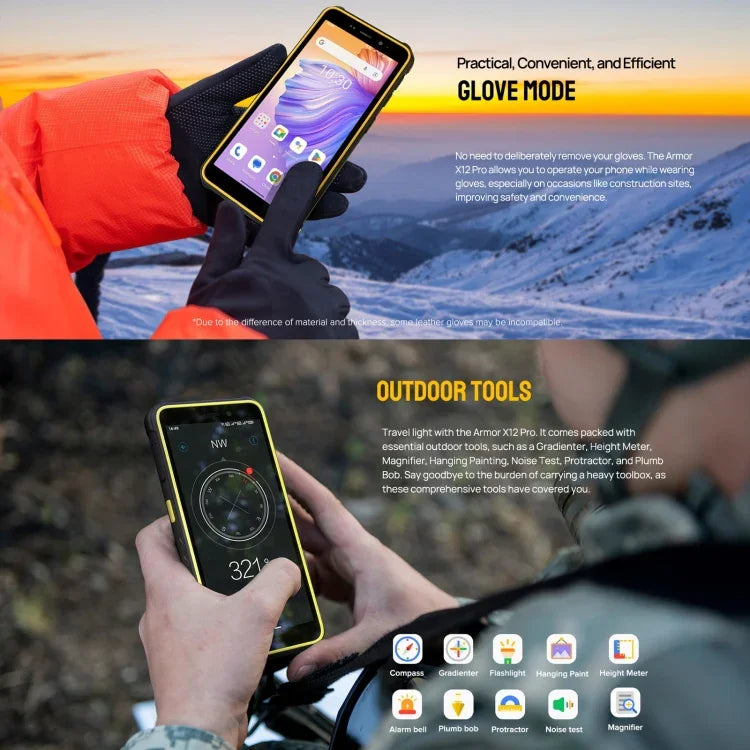 Ulefone Armor X12 Pro، هاتف مقاوم بمعيار IP68/IP69K، شاشة 5.45 بوصة أندرويد 15 معالج MediaTek Helio G36 ثماني النواة، الشبكة: 4G، NFC، 4 جيجابايت + 64 جيجابايت