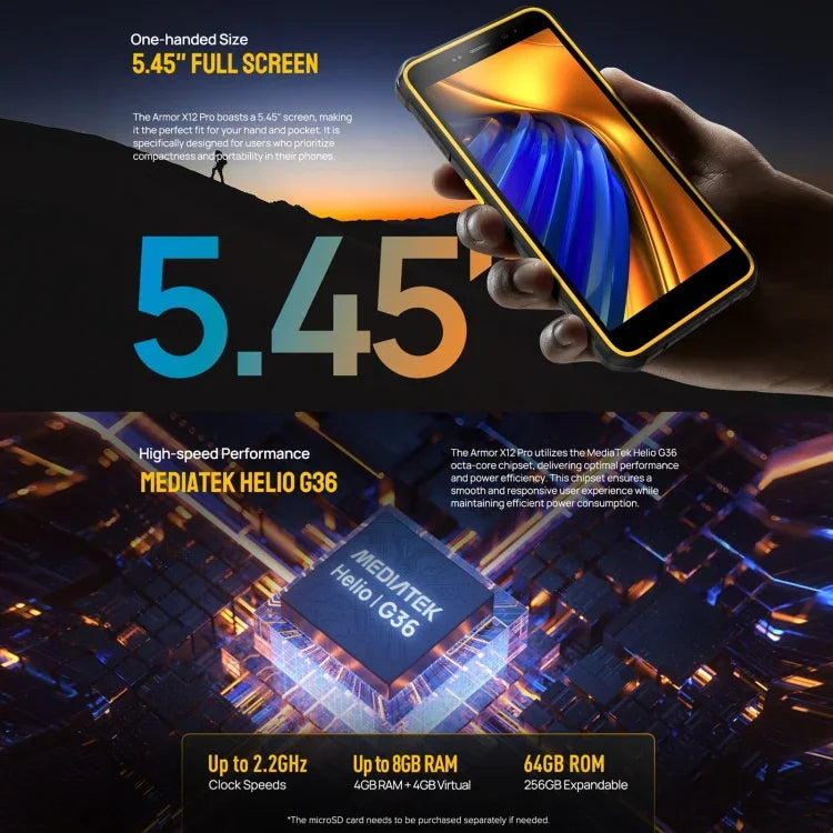 Ulefone Armor X12 Pro، هاتف مقاوم بمعيار IP68/IP69K، شاشة 5.45 بوصة أندرويد 15 معالج MediaTek Helio G36 ثماني النواة، الشبكة: 4G، NFC، 4 جيجابايت + 64 جيجابايت