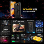 Ulefone Armor X13، هاتف مقاوم بمعيار IP68/IP69K، شاشة 6.52 بوصة أندرويد 15 معالج MediaTek Helio G36 ثماني النواة، الشبكة: 4G، NFC، OTG، 6 جيجابايت + 64 جيجابايت