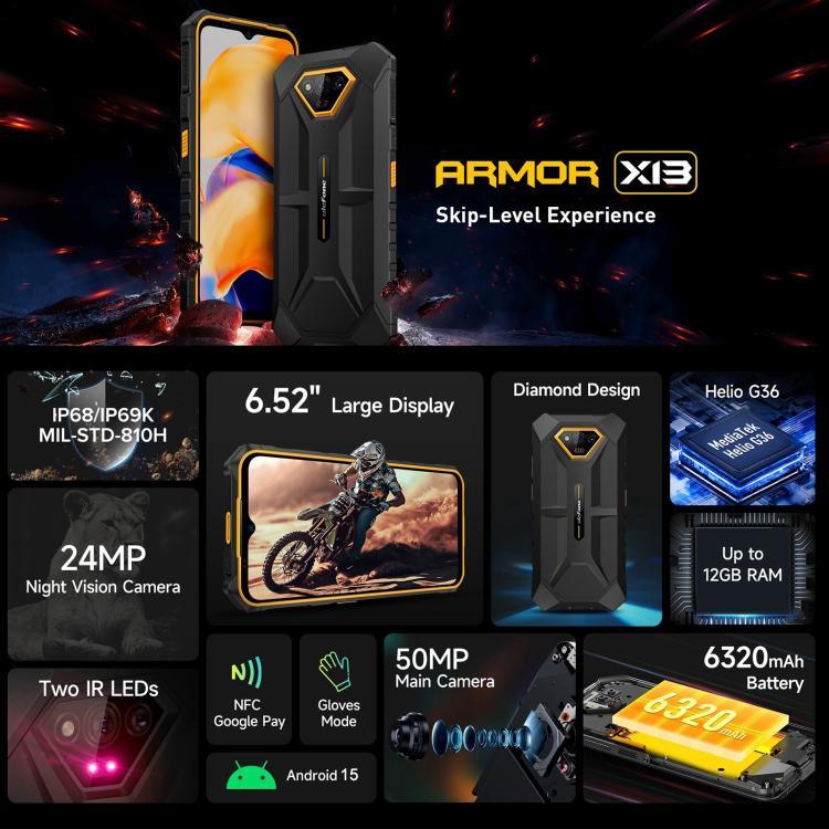 Ulefone Armor X13، هاتف مقاوم بمعيار IP68/IP69K، شاشة 6.52 بوصة أندرويد 15 معالج MediaTek Helio G36 ثماني النواة، الشبكة: 4G، NFC، OTG، 6 جيجابايت + 64 جيجابايت