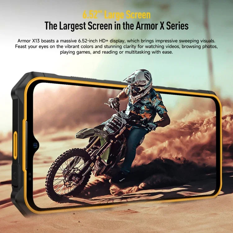 Ulefone Armor X13، هاتف مقاوم بمعيار IP68/IP69K، شاشة 6.52 بوصة أندرويد 15 معالج MediaTek Helio G36 ثماني النواة، الشبكة: 4G، NFC، OTG، 6 جيجابايت + 64 جيجابايت