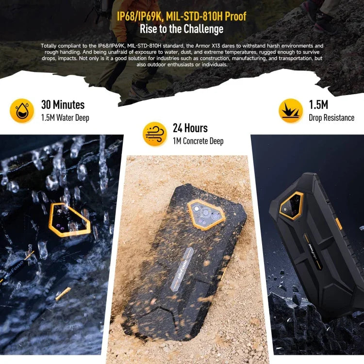 Ulefone Armor X13، هاتف مقاوم بمعيار IP68/IP69K، شاشة 6.52 بوصة أندرويد 15 معالج MediaTek Helio G36 ثماني النواة، الشبكة: 4G، NFC، OTG، 6 جيجابايت + 64 جيجابايت