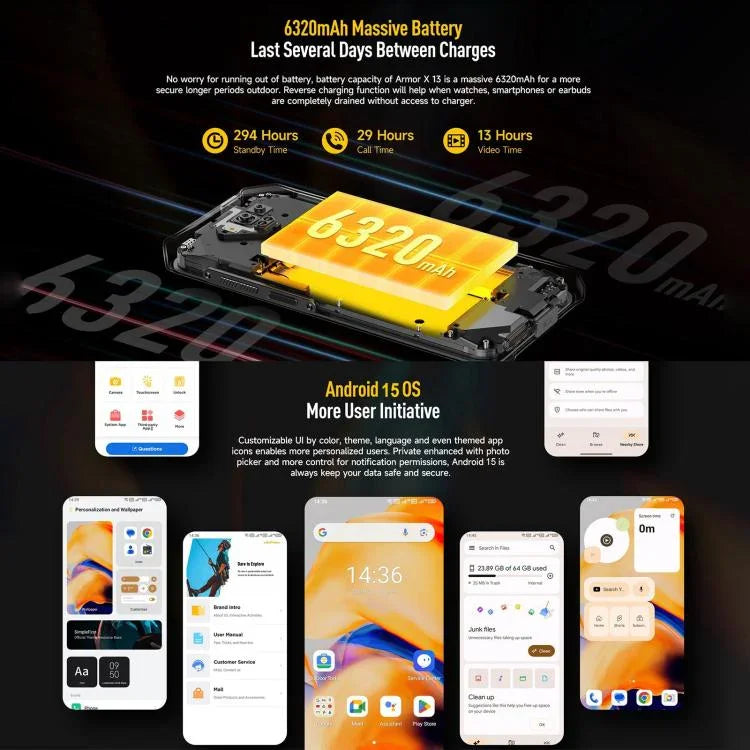 Ulefone Armor X13، هاتف مقاوم بمعيار IP68/IP69K، شاشة 6.52 بوصة أندرويد 15 معالج MediaTek Helio G36 ثماني النواة، الشبكة: 4G، NFC، OTG، 6 جيجابايت + 64 جيجابايت