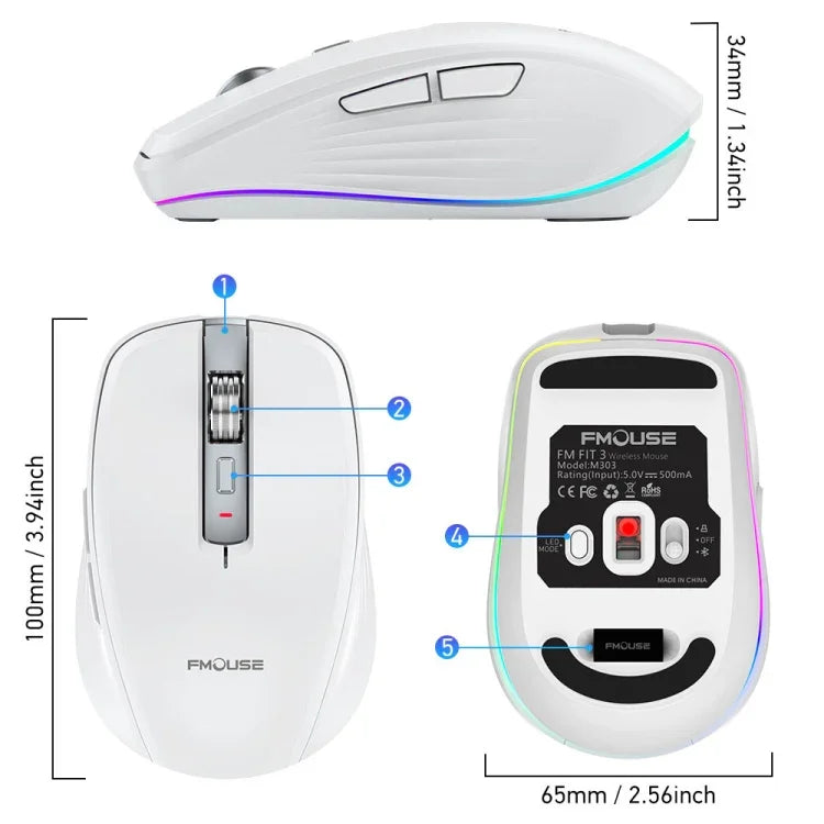 HXSJ M303 فأرة لاسلكية بوضعين 2.4GHz + بلوتوث 5.1 ودقة 2400 DPI