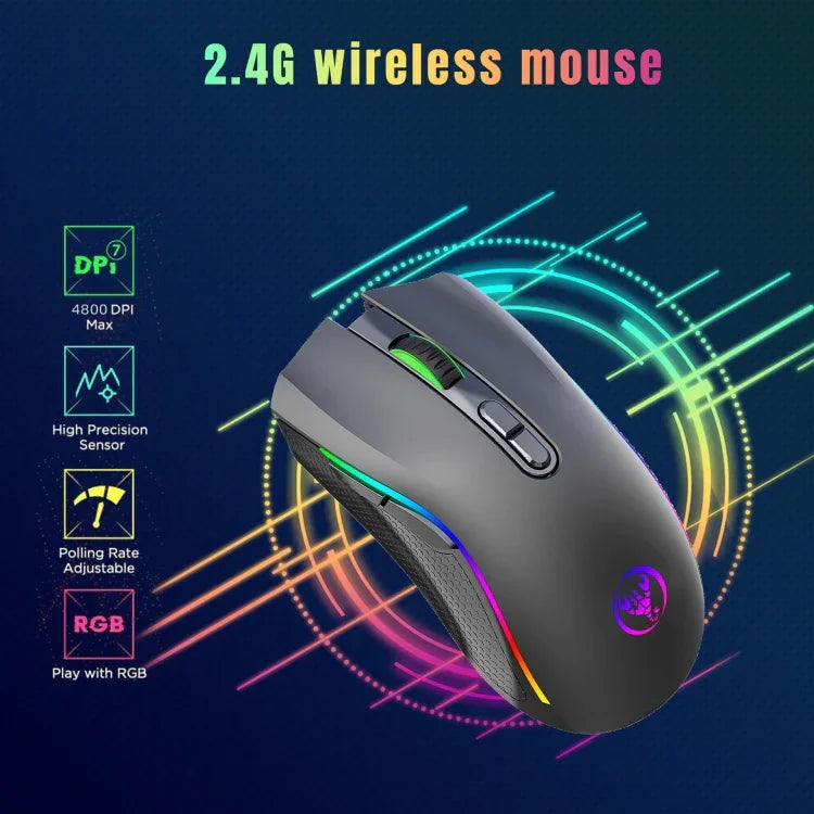 HXSJ T69 فأرة لاسلكية 2.4GHz بإضاءة RGB ودقة 4800 DPI، T69