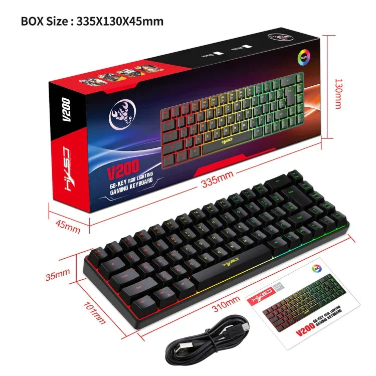 HXSJ V200 لوحة مفاتيح ميكانيكية سلكية بإضاءة RGB وعدد مفاتيح 68، طول الكابل: 1.7م، V200 أسود، V200 أبيض