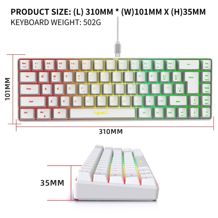 HXSJ V200 لوحة مفاتيح ميكانيكية سلكية بإضاءة RGB وعدد مفاتيح 68، طول الكابل: 1.7م، V200 أسود، V200 أبيض