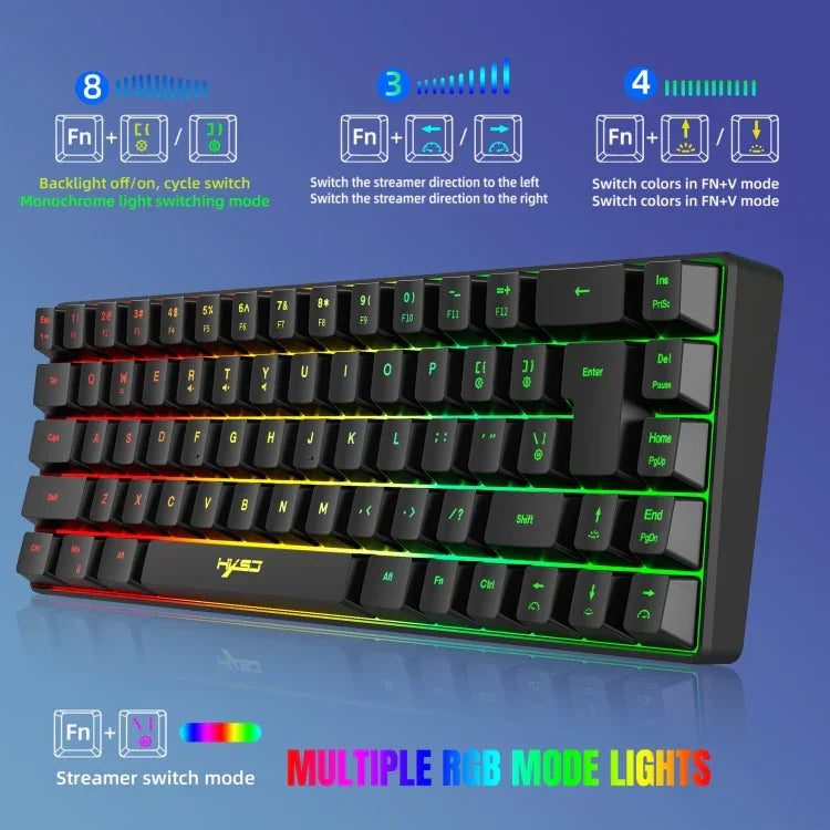 HXSJ V200 لوحة مفاتيح ميكانيكية سلكية بإضاءة RGB وعدد مفاتيح 68، طول الكابل: 1.7م، V200 أسود، V200 أبيض