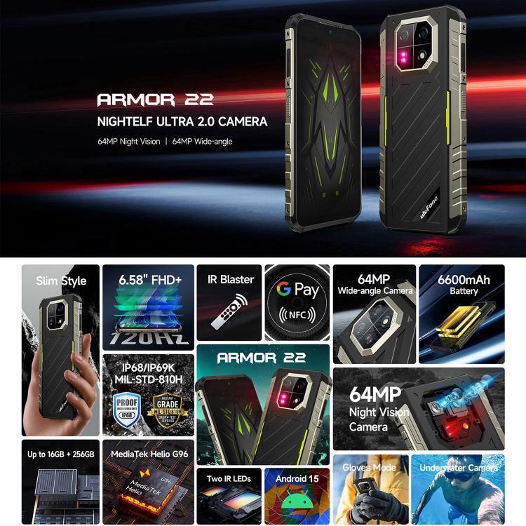 Ulefone Armor 22، هاتف مقاوم بمعيار IP68/IP69K، شاشة 6.58 بوصة أندرويد 15 معالج MediaTek Helio G96 ثماني النواة، الشبكة: 4G، NFC، OTG، 8 جيجابايت + 128 جيجابايت، 8 جيجابايت + 256 جيجابايت
