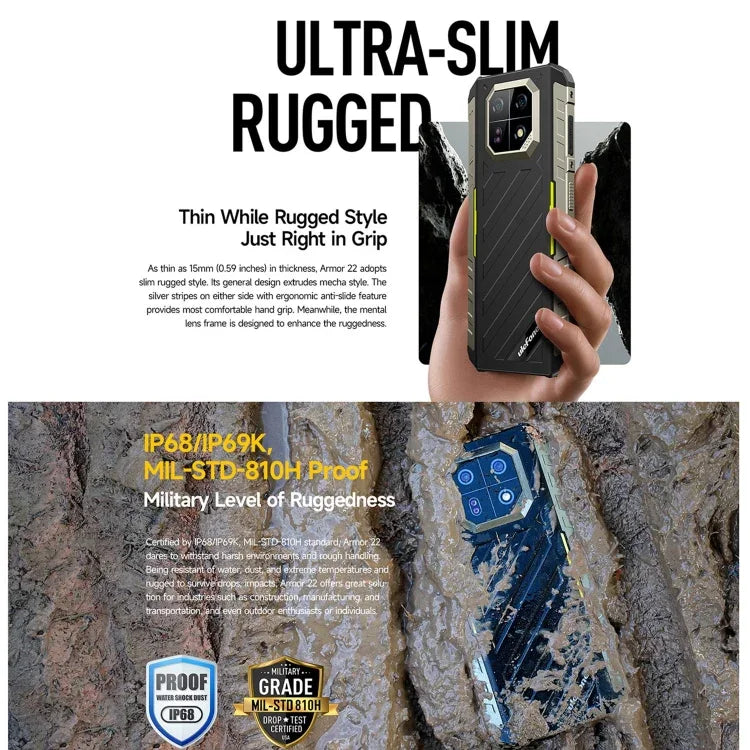 Ulefone Armor 22، هاتف مقاوم بمعيار IP68/IP69K، شاشة 6.58 بوصة أندرويد 15 معالج MediaTek Helio G96 ثماني النواة، الشبكة: 4G، NFC، OTG، 8 جيجابايت + 128 جيجابايت، 8 جيجابايت + 256 جيجابايت