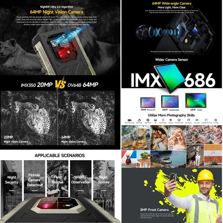Ulefone Armor 22، هاتف مقاوم بمعيار IP68/IP69K، شاشة 6.58 بوصة أندرويد 15 معالج MediaTek Helio G96 ثماني النواة، الشبكة: 4G، NFC، OTG، 8 جيجابايت + 128 جيجابايت، 8 جيجابايت + 256 جيجابايت