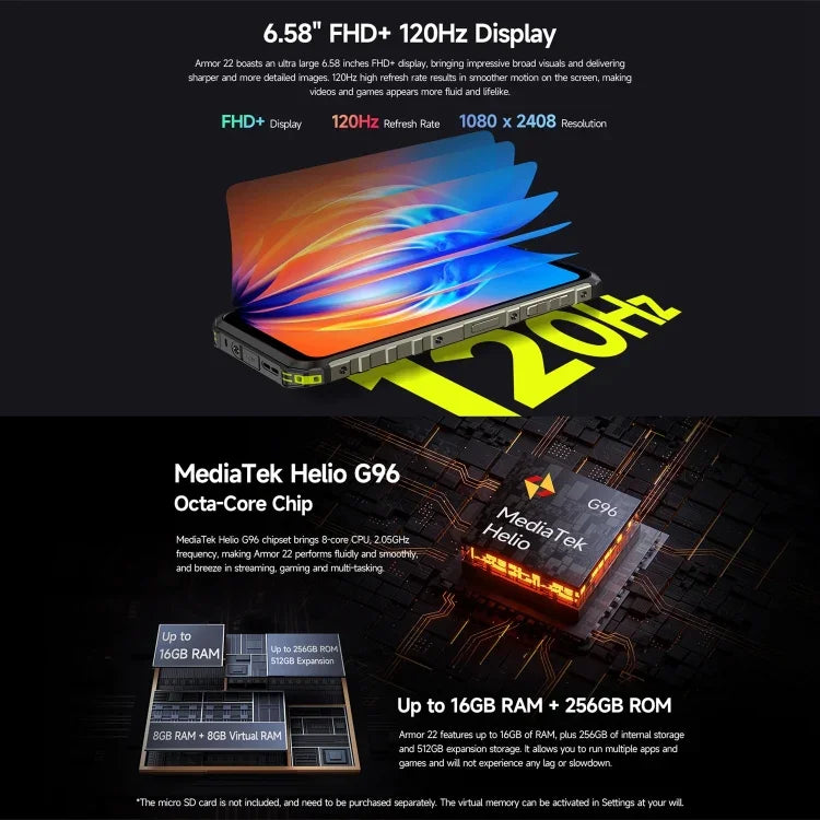 Ulefone Armor 22، هاتف مقاوم بمعيار IP68/IP69K، شاشة 6.58 بوصة أندرويد 15 معالج MediaTek Helio G96 ثماني النواة، الشبكة: 4G، NFC، OTG، 8 جيجابايت + 128 جيجابايت، 8 جيجابايت + 256 جيجابايت