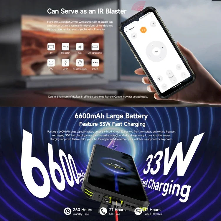 Ulefone Armor 22، هاتف مقاوم بمعيار IP68/IP69K، شاشة 6.58 بوصة أندرويد 15 معالج MediaTek Helio G96 ثماني النواة، الشبكة: 4G، NFC، OTG، 8 جيجابايت + 128 جيجابايت، 8 جيجابايت + 256 جيجابايت