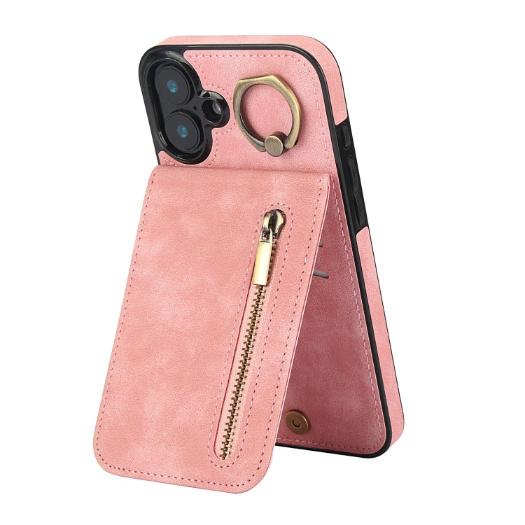 غطاء هاتف بحلقة وزر سحاب مع فتحة بطاقة RFID بتصميم رجعي، لهواتف iPhone 16 Pro، iPhone 16 Plus، iPhone 16، iPhone 15 Pro Max، iPhone 15 Pro، iPhone 15 Plus
