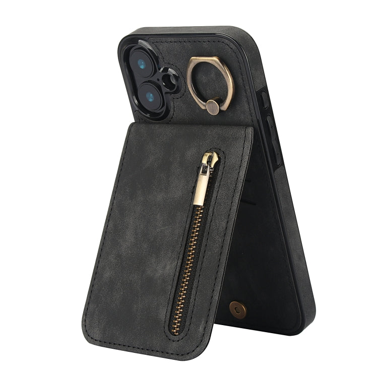 غطاء هاتف بحلقة وزر سحاب مع فتحة بطاقة RFID بتصميم رجعي، لهواتف iPhone 16 Pro، iPhone 16 Plus، iPhone 16، iPhone 15 Pro Max، iPhone 15 Pro، iPhone 15 Plus