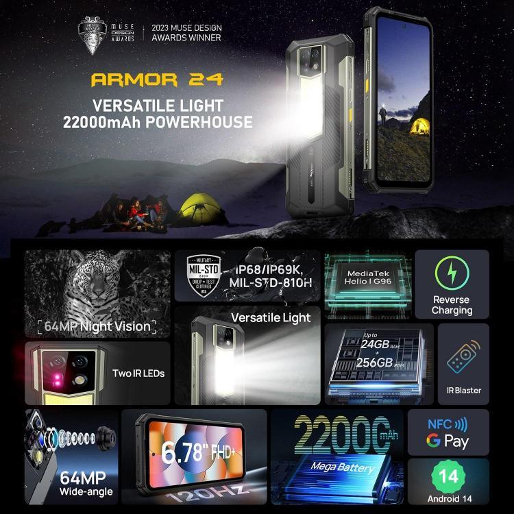 Ulefone Armor 24، هاتف مقاوم، بصمة إصبع جانبية، بطارية 22000 مللي أمبير، شاشة 6.78 بوصة أندرويد 14 معالج MediaTek Helio G96 ثماني النواة، الشبكة: 4G، NFC، Armor 24